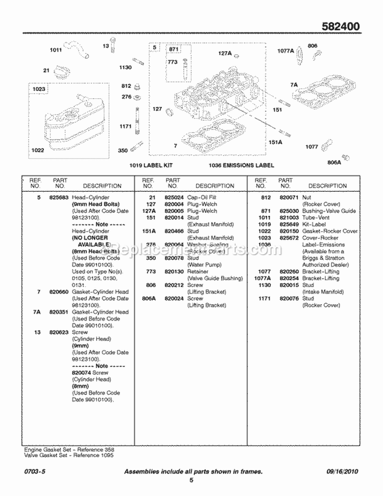 Cylinder Head Rocker Cover Diagram and Parts List for 582447-0476-E2  Briggs and Stratton Engine